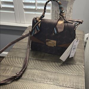 Nicole Miller Brown Satchel with Scarf Accent